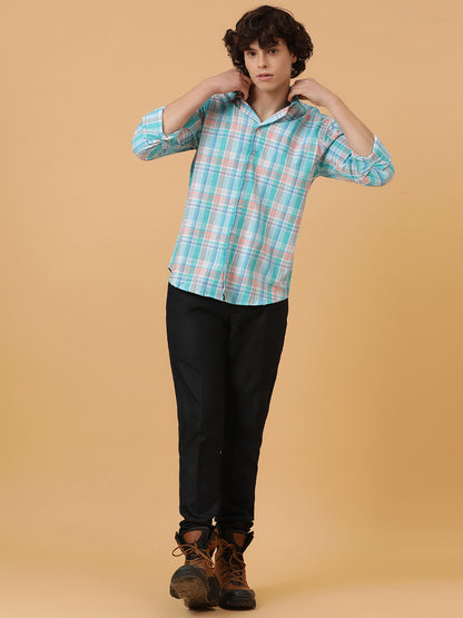 Blue, Pink & White Linen Checks Regular Fit Party Wear Shirt