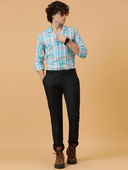 Blue, Pink & White Linen Checks Regular Fit Party Wear Shirt
