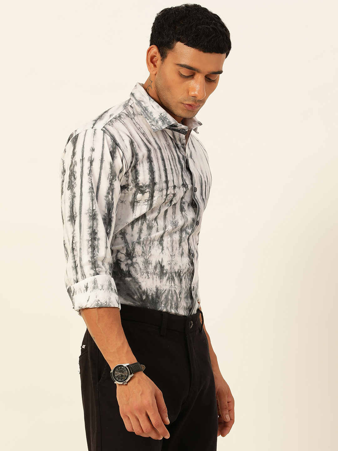 Designer White with Grey Slim Fit Cargo Pure Cotton Shirt