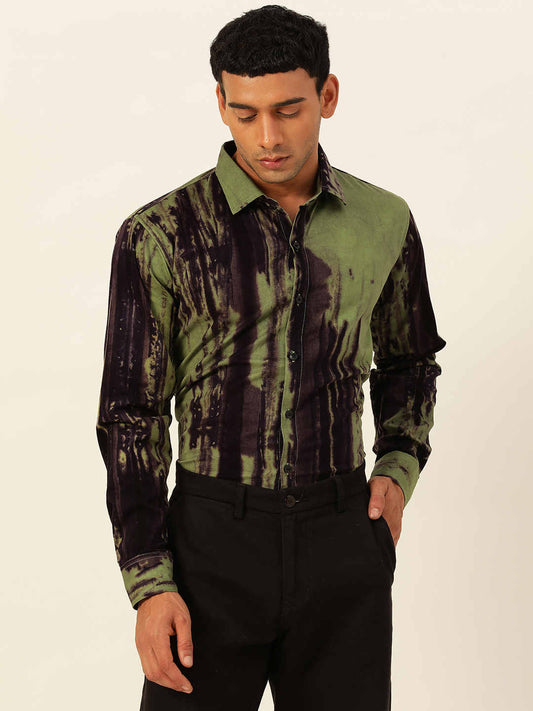 Designer Green with Purple Slim Fit Cargo Pure Cotton Shirt
