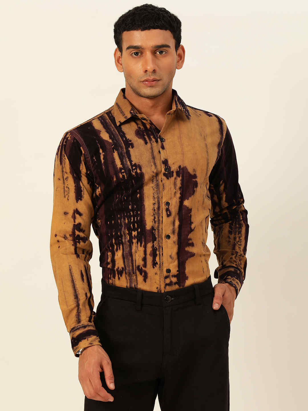 Designer Mustard with Purple Slim Fit Cargo Pure Cotton Shirt