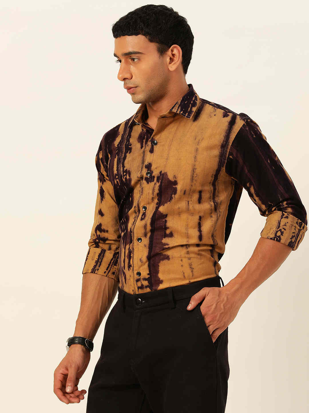 Designer Mustard with Purple Slim Fit Cargo Pure Cotton Shirt