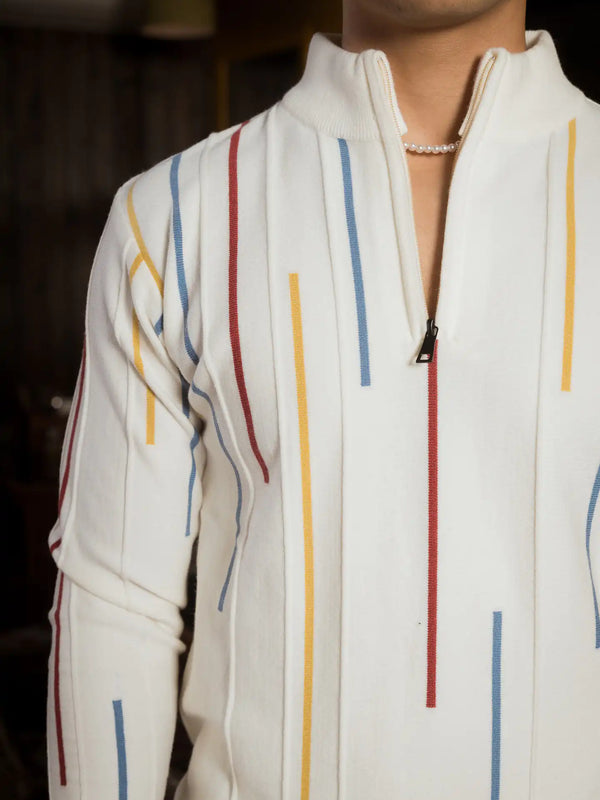 Abstract Stripes Designer Zipper Neck Knitted Sweater