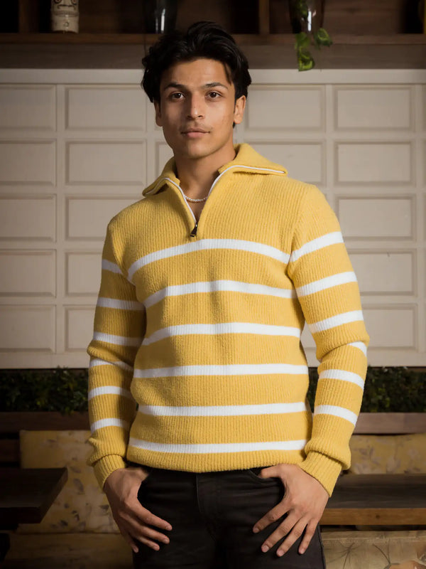Yellow Stripes Designer Collared Zipper Knitted Sweater