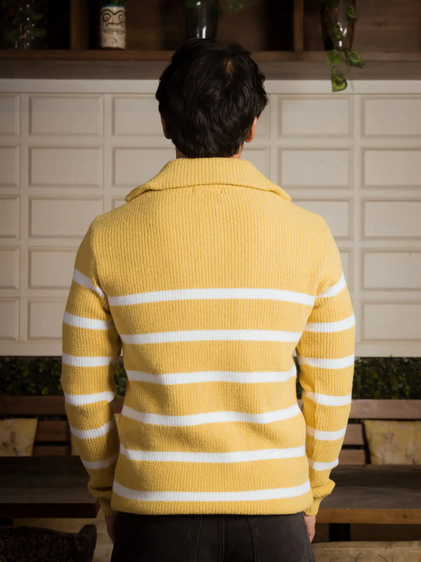 Yellow Stripes Designer Collared Zipper Knitted Sweater