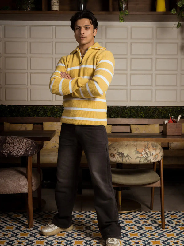 Yellow Stripes Designer Collared Zipper Knitted Sweater