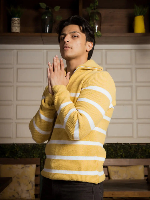 Yellow Stripes Designer Collared Zipper Knitted Sweater