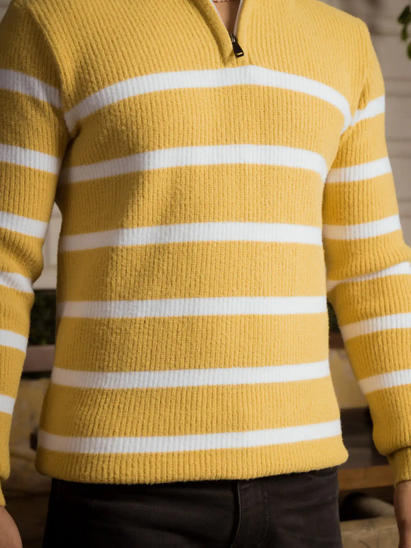 Yellow Stripes Designer Collared Zipper Knitted Sweater
