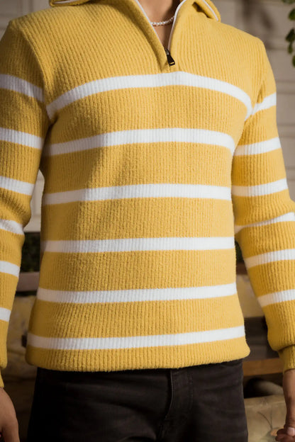 Yellow Stripes Designer Collared Zipper Knitted Sweater – JAVINISHKA