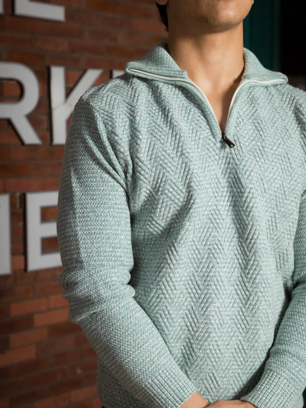 Light Teal Designer Collared Zipper Knitted Sweater