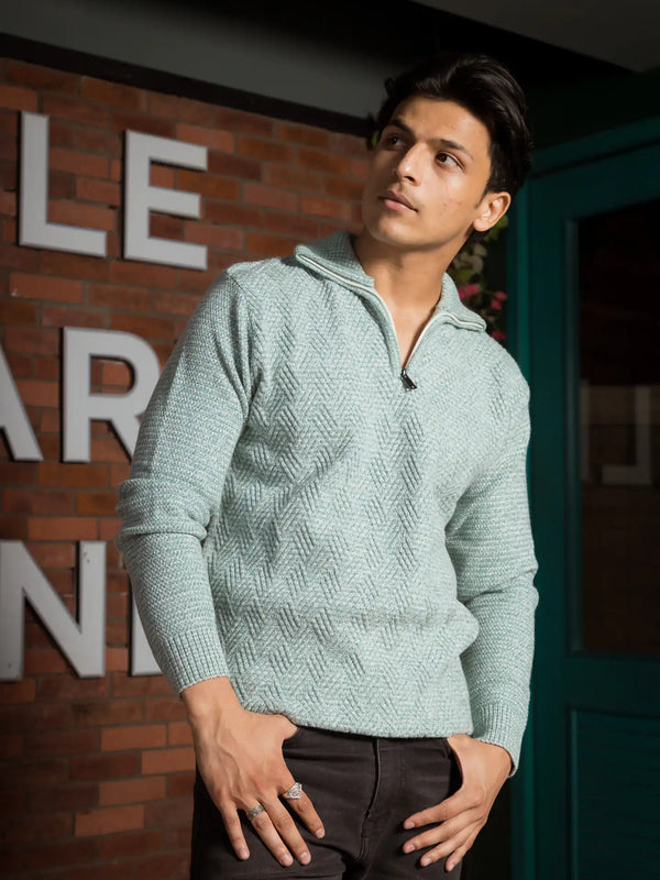 Light Teal Designer Collared Zipper Knitted Sweater
