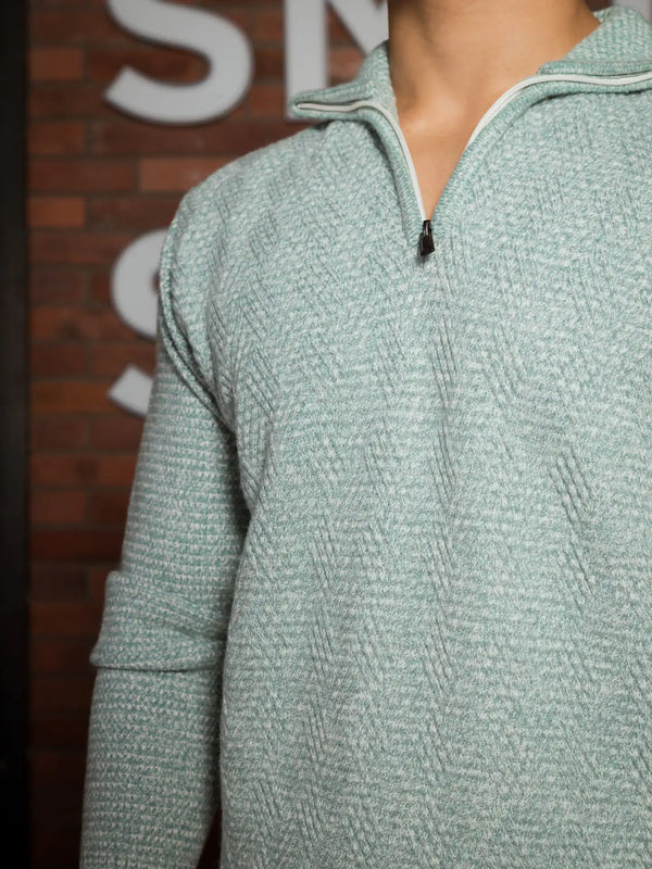 Light Teal Designer Collared Zipper Knitted Sweater