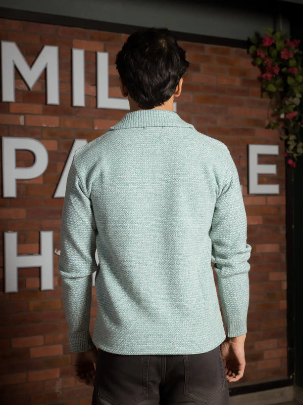 Light Teal Designer Collared Zipper Knitted Sweater