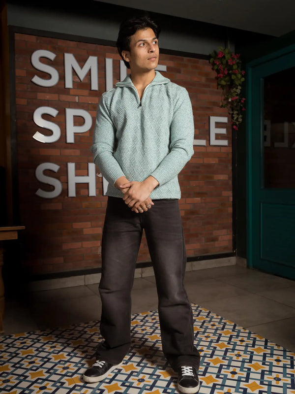 Light Teal Designer Collared Zipper Knitted Sweater
