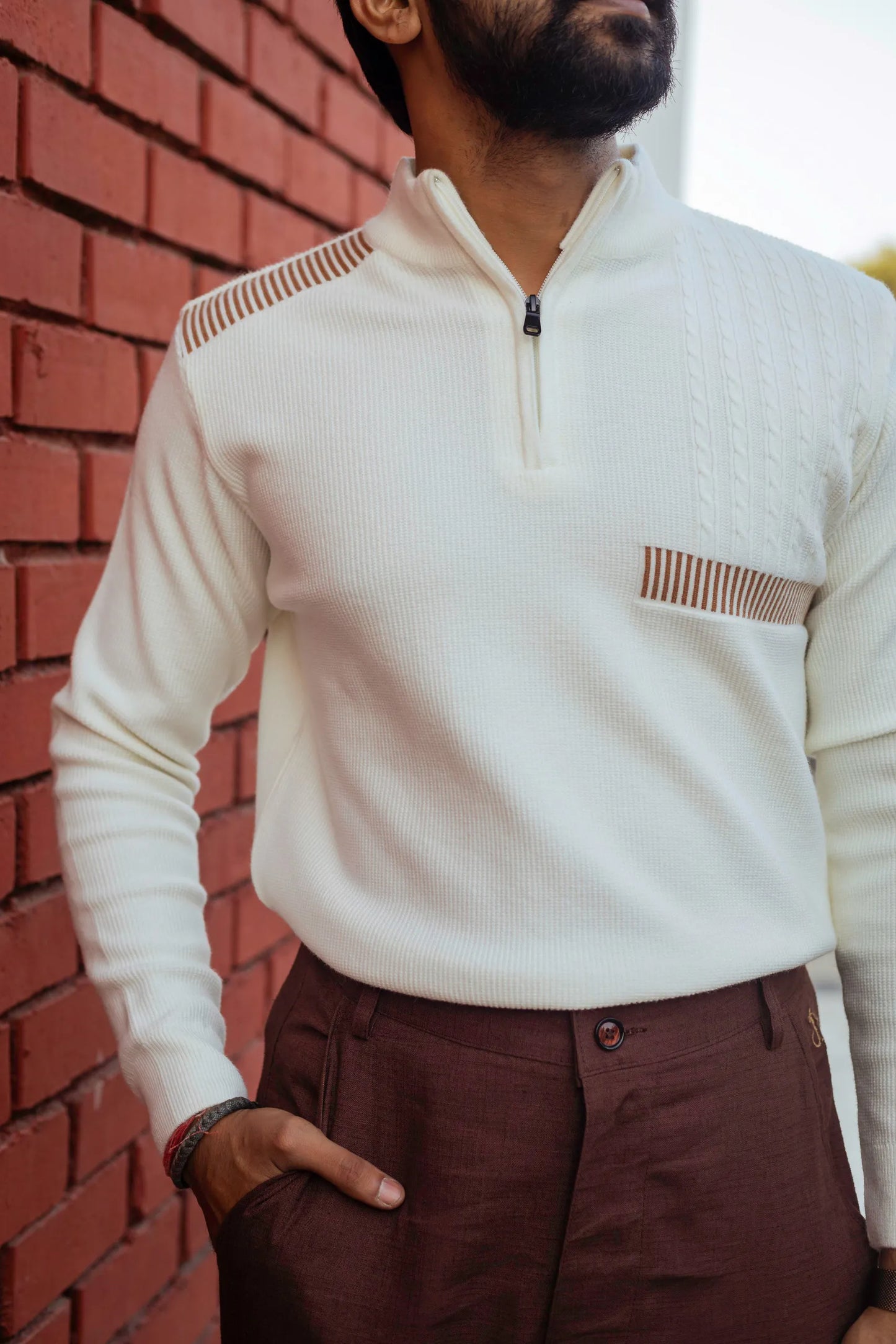 Designer Quarter Zip Knitted Pullover