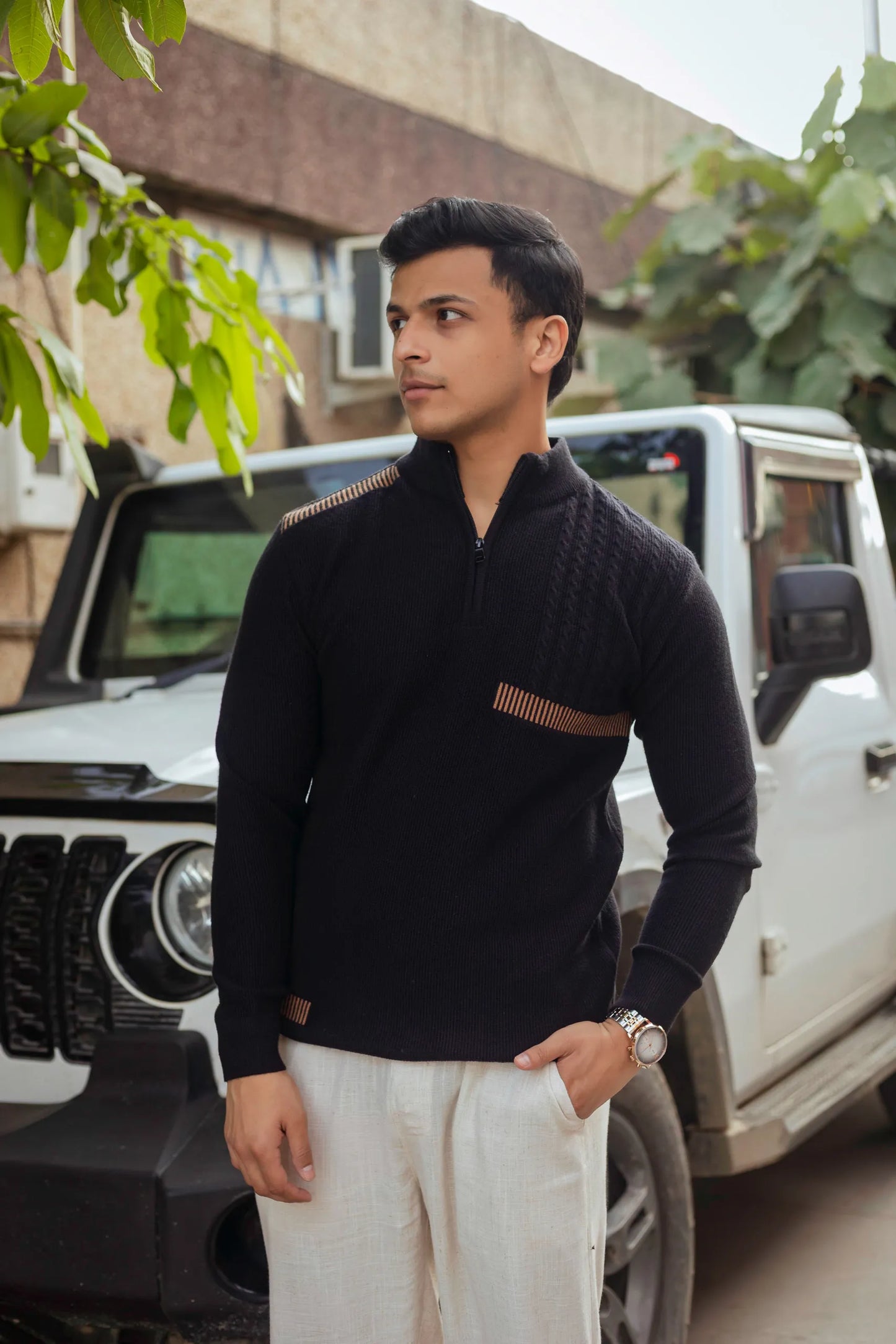 Designer Quarter Zip Knitted Pullover
