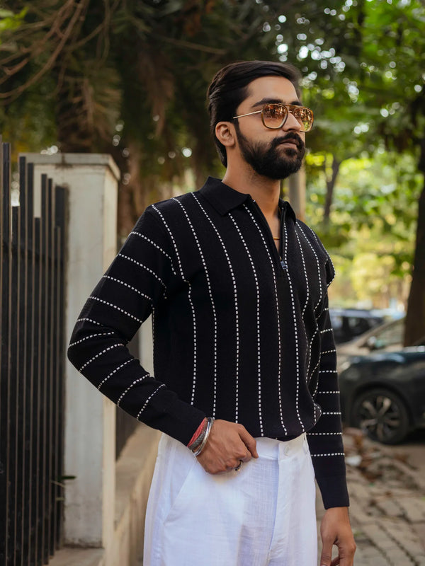 Black with White Sewing Stripes Polo Neck Quarter Zip Sweater
