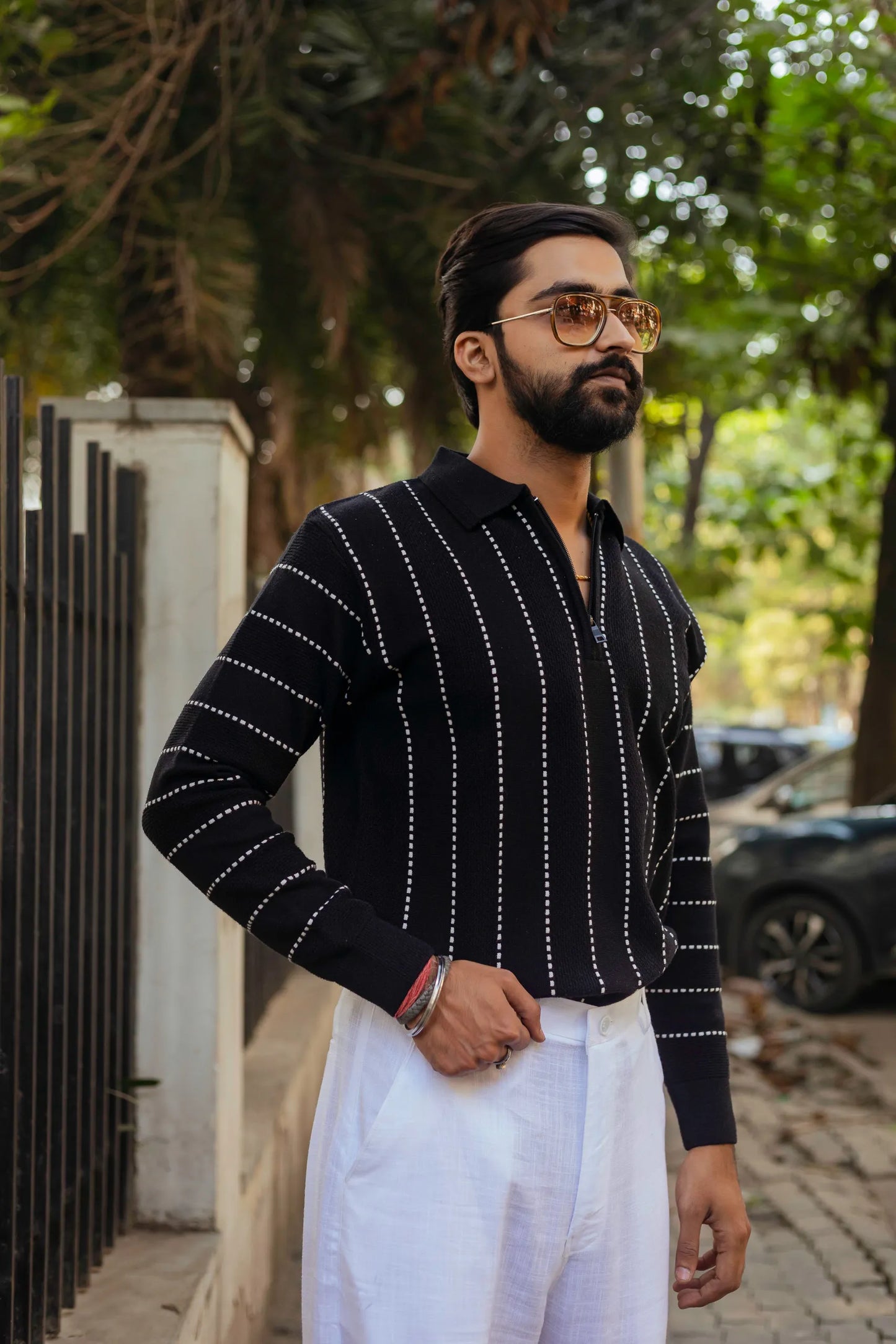 Black with White Sewing Stripes Polo Neck Quarter Zip Sweater