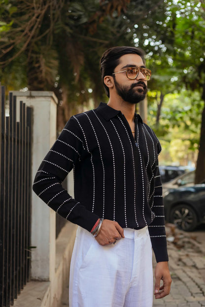 Black with White Sewing Stripes Polo Neck Quarter Zip Sweater