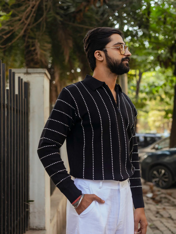 Black with White Sewing Stripes Polo Neck Quarter Zip Sweater