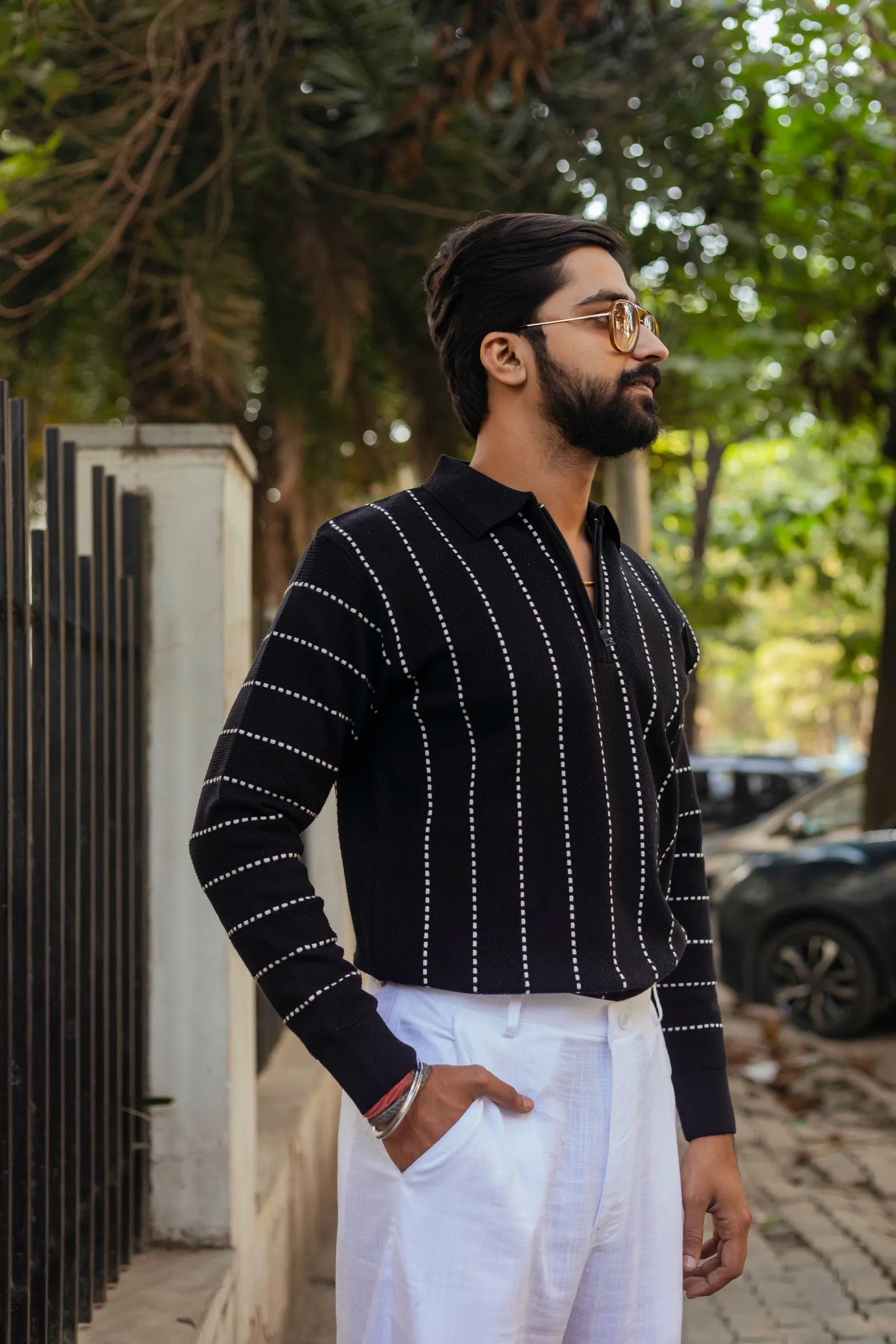 Black with White Sewing Stripes Polo Neck Quarter Zip Sweater