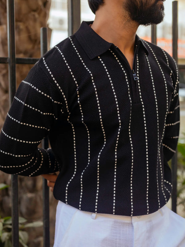 Black with White Sewing Stripes Polo Neck Quarter Zip Sweater