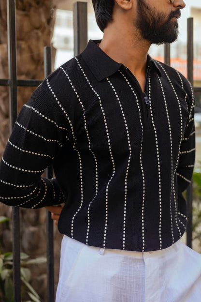 Black with White Sewing Stripes Polo Neck Quarter Zip Sweater