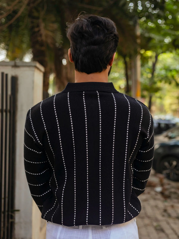 Black with White Sewing Stripes Polo Neck Quarter Zip Sweater