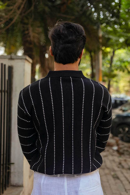 Black with White Sewing Stripes Polo Neck Quarter Zip Sweater