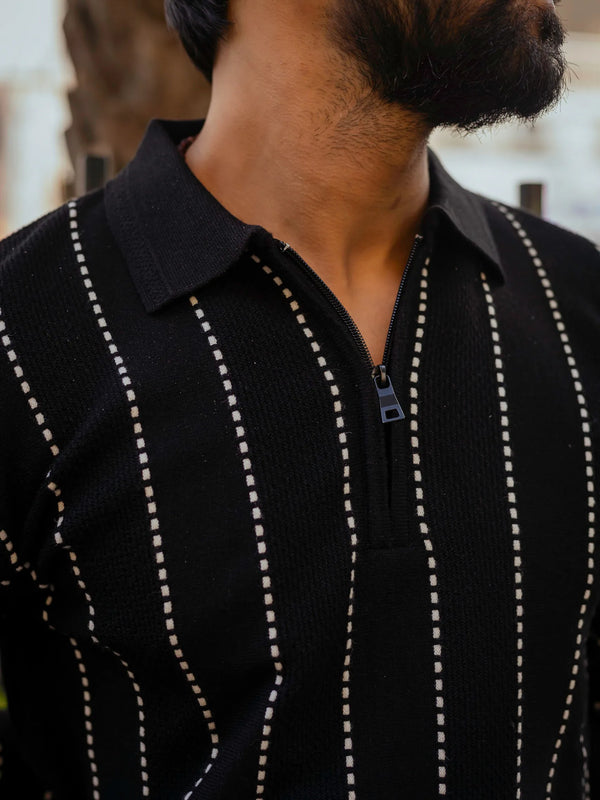 Black with White Sewing Stripes Polo Neck Quarter Zip Sweater