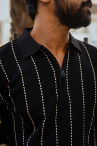 Black with White Sewing Stripes Polo Neck Quarter Zip Sweater