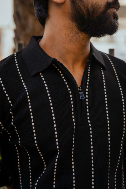 Black with White Sewing Stripes Polo Neck Quarter Zip Sweater