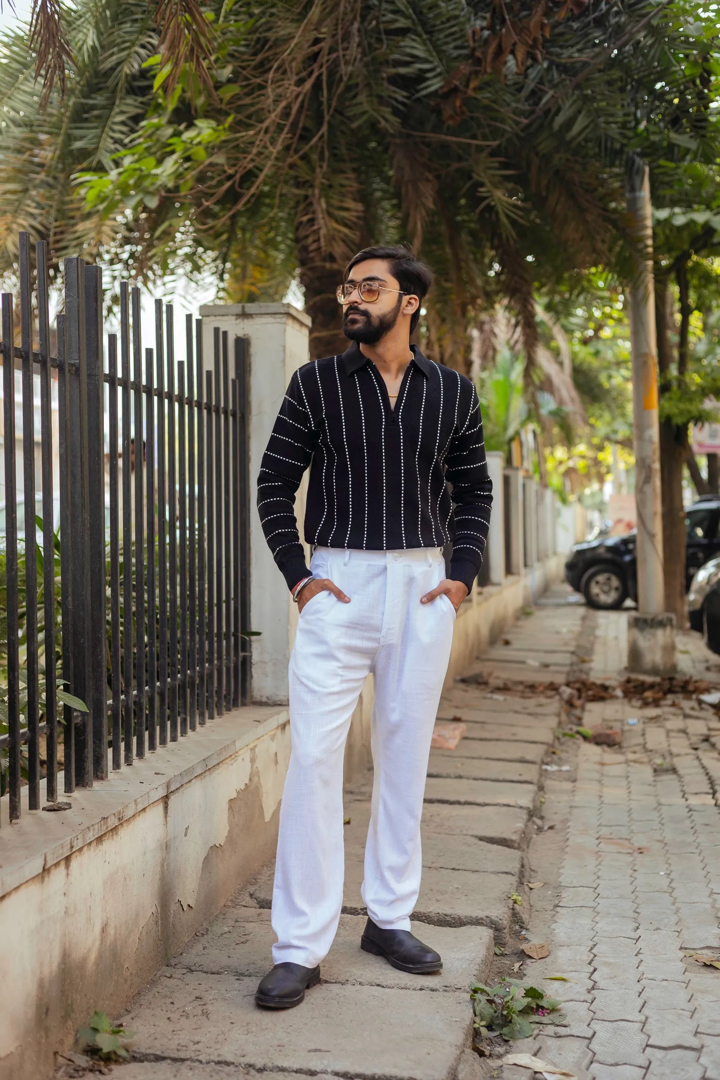 Black with White Sewing Stripes Polo Neck Quarter Zip Sweater