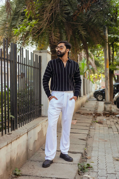 Black with White Sewing Stripes Polo Neck Quarter Zip Sweater