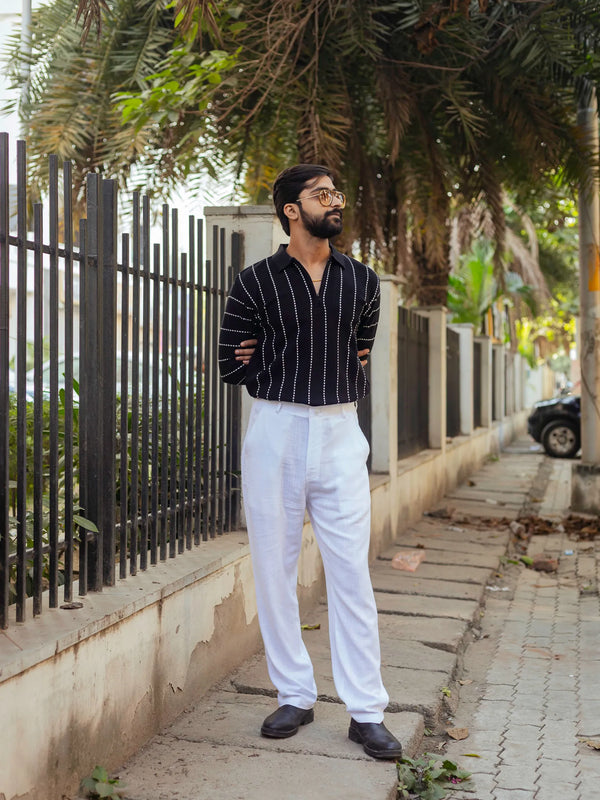 Black with White Sewing Stripes Polo Neck Quarter Zip Sweater