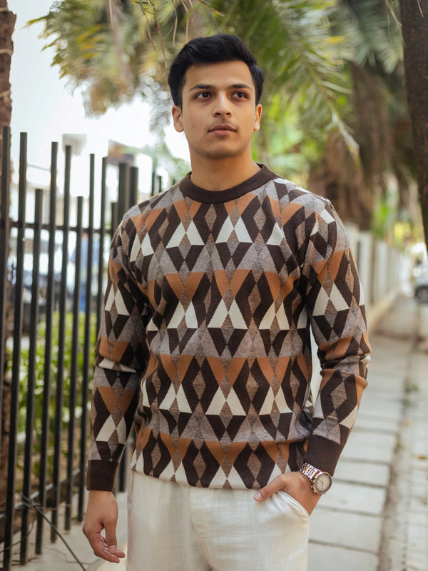 Vintage Rhombus Brown Round Neck Sweater
