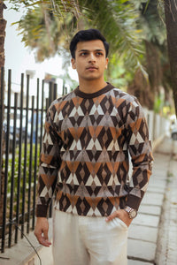 Vintage Rhombus Brown Round Neck Sweater