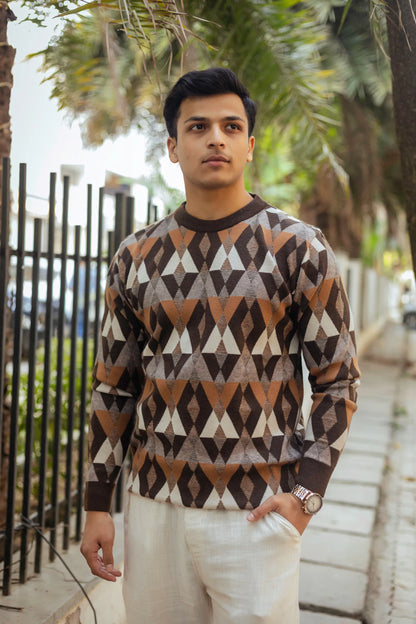 Vintage Rhombus Brown Round Neck Sweater