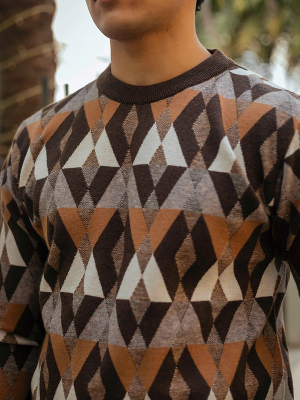Vintage Rhombus Brown Round Neck Sweater
