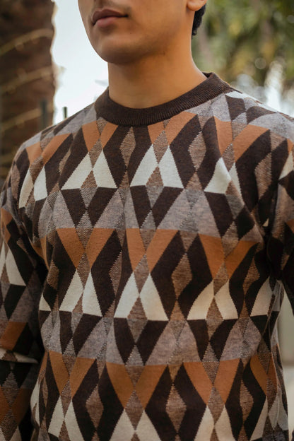 Vintage Rhombus Brown Round Neck Sweater