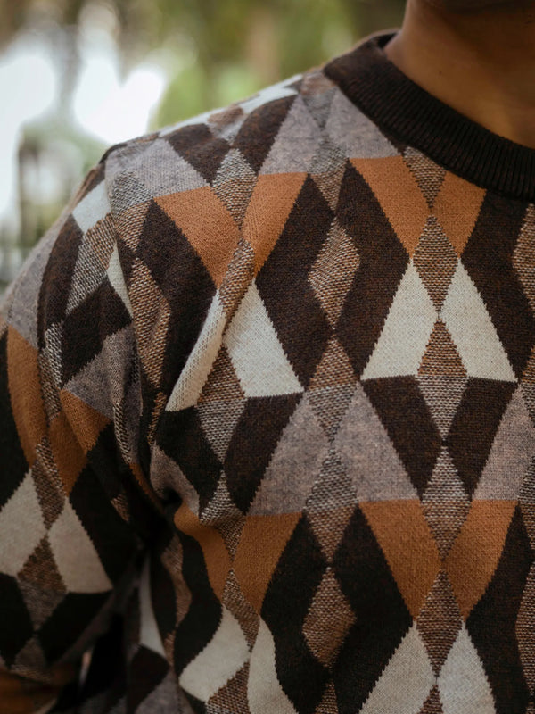 Vintage Rhombus Brown Round Neck Sweater