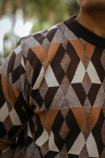 Vintage Rhombus Brown Round Neck Sweater