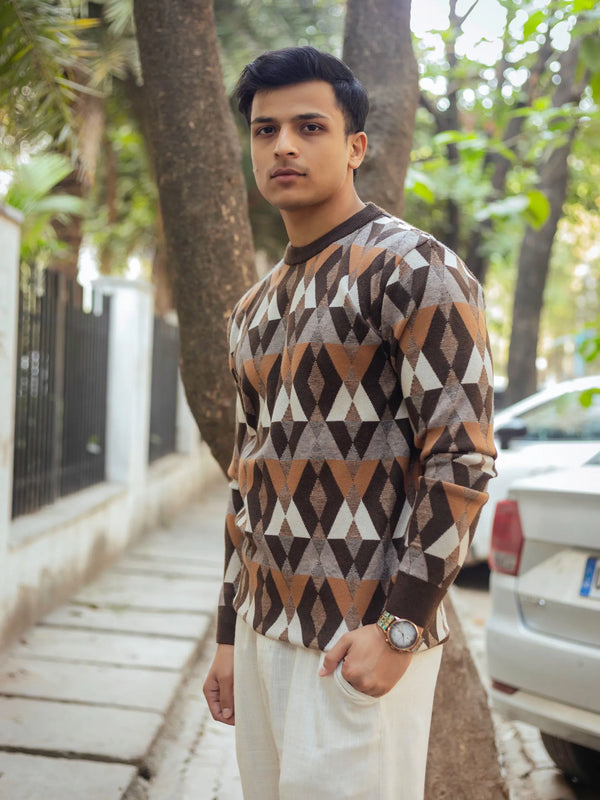 Vintage Rhombus Brown Round Neck Sweater