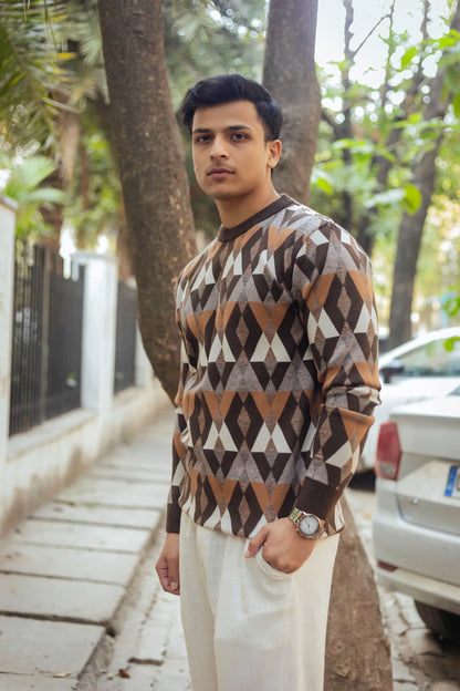 Vintage Rhombus Brown Round Neck Sweater