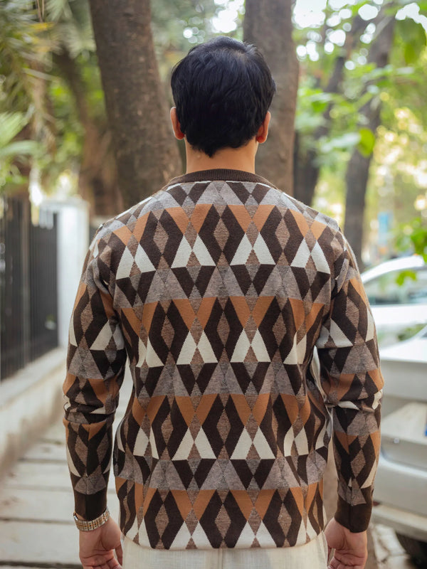 Vintage Rhombus Brown Round Neck Sweater