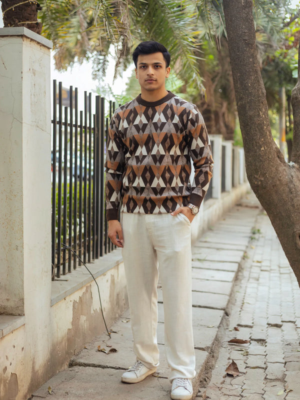 Vintage Rhombus Brown Round Neck Sweater