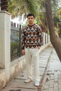 Vintage Rhombus Brown Round Neck Sweater