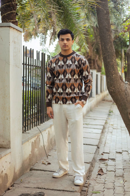 Vintage Rhombus Brown Round Neck Sweater