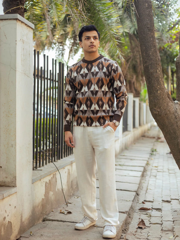 Vintage Rhombus Brown Round Neck Sweater
