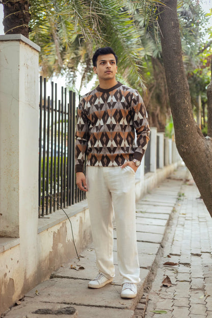 Vintage Rhombus Brown Round Neck Sweater